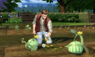 A sim gardening in The Sims 4.